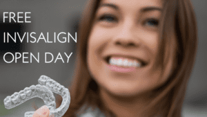 A woman holds up her aligners and smiles. Free Invisalign Open Day at one80 Dental on 24th February 2024.